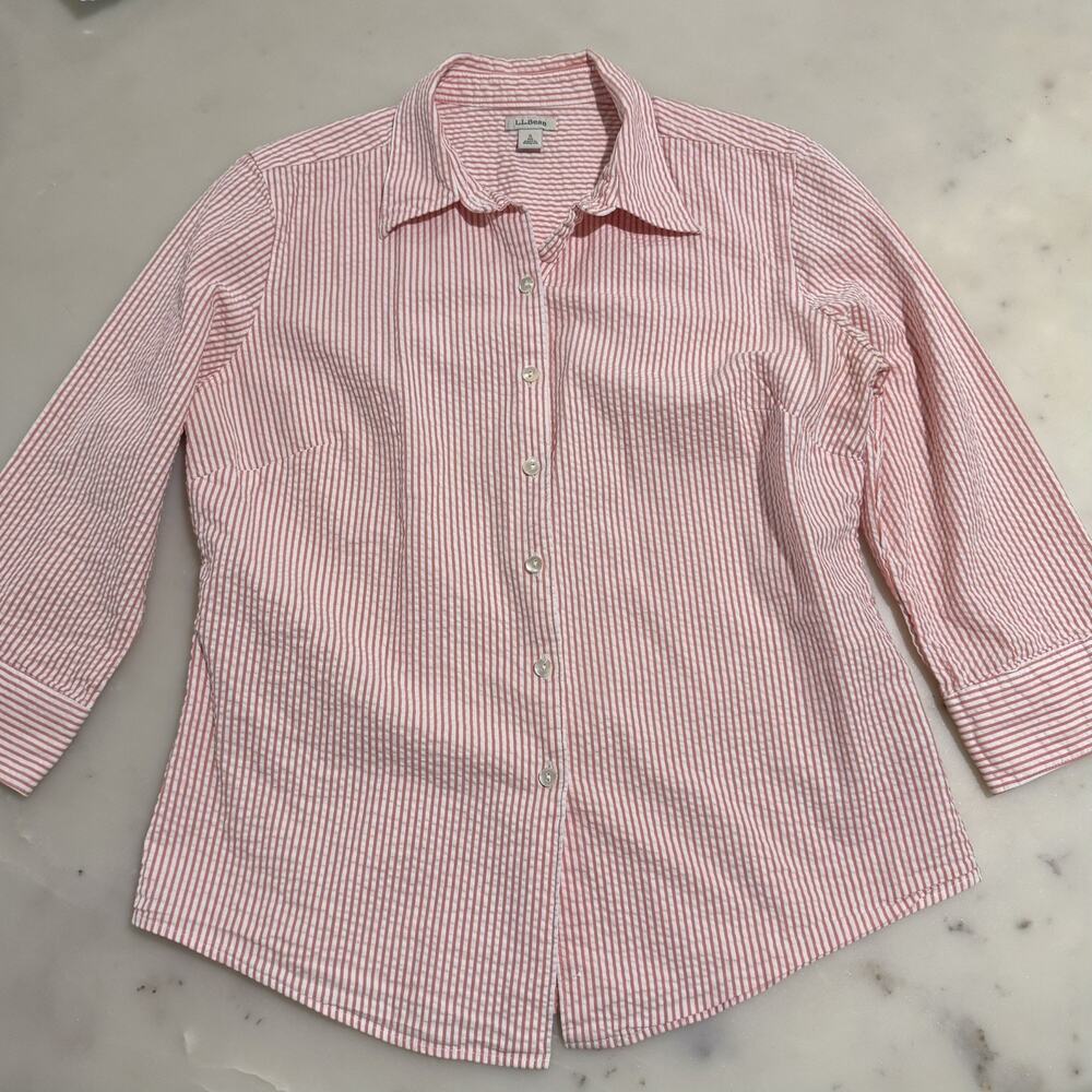 LL Bean Women S Seersucker Button Up Shirt Pink White Stripe 100% Cotton 254733